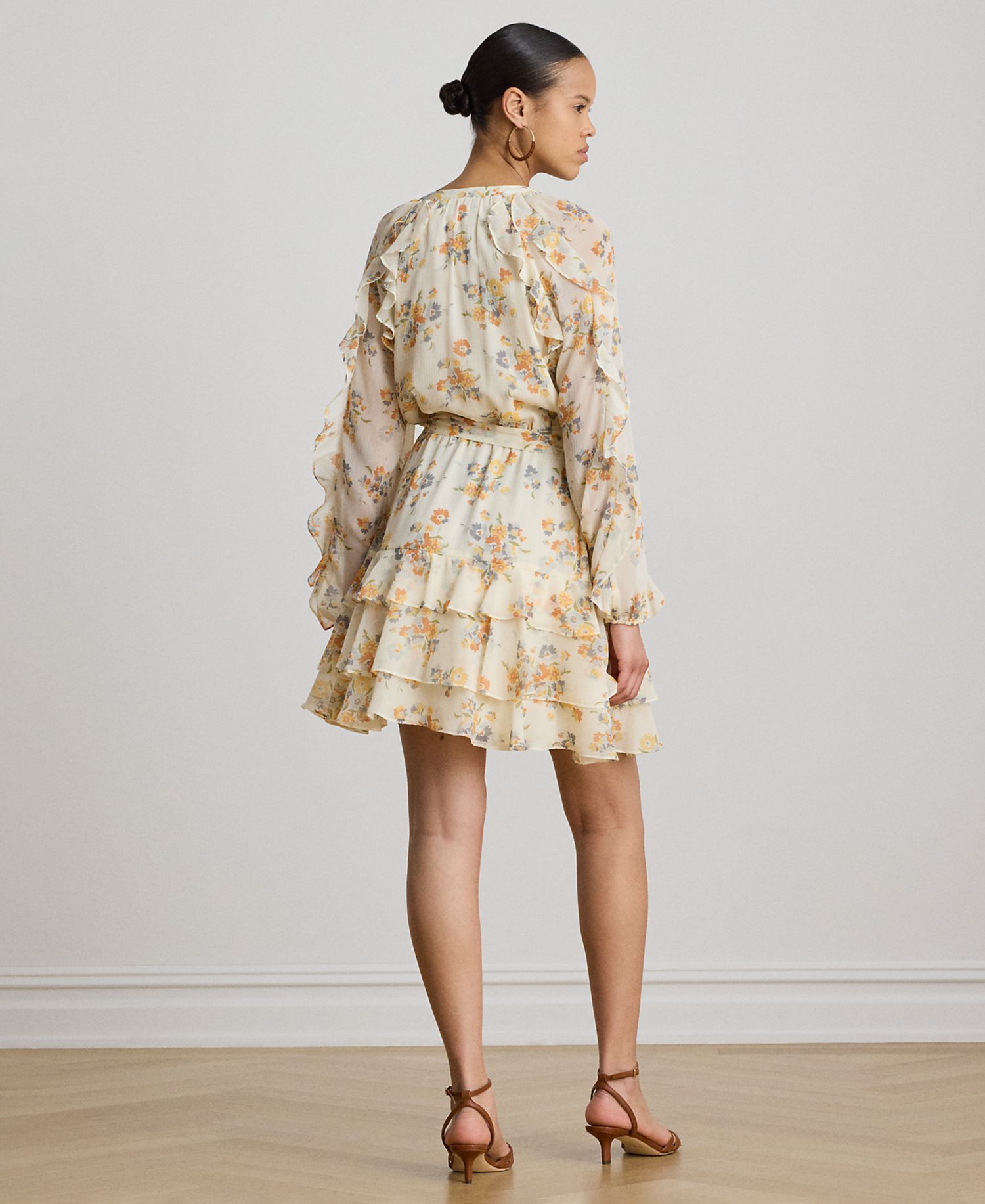 Petite Band Collar Floral Ruffle-Trim Tiered Dress