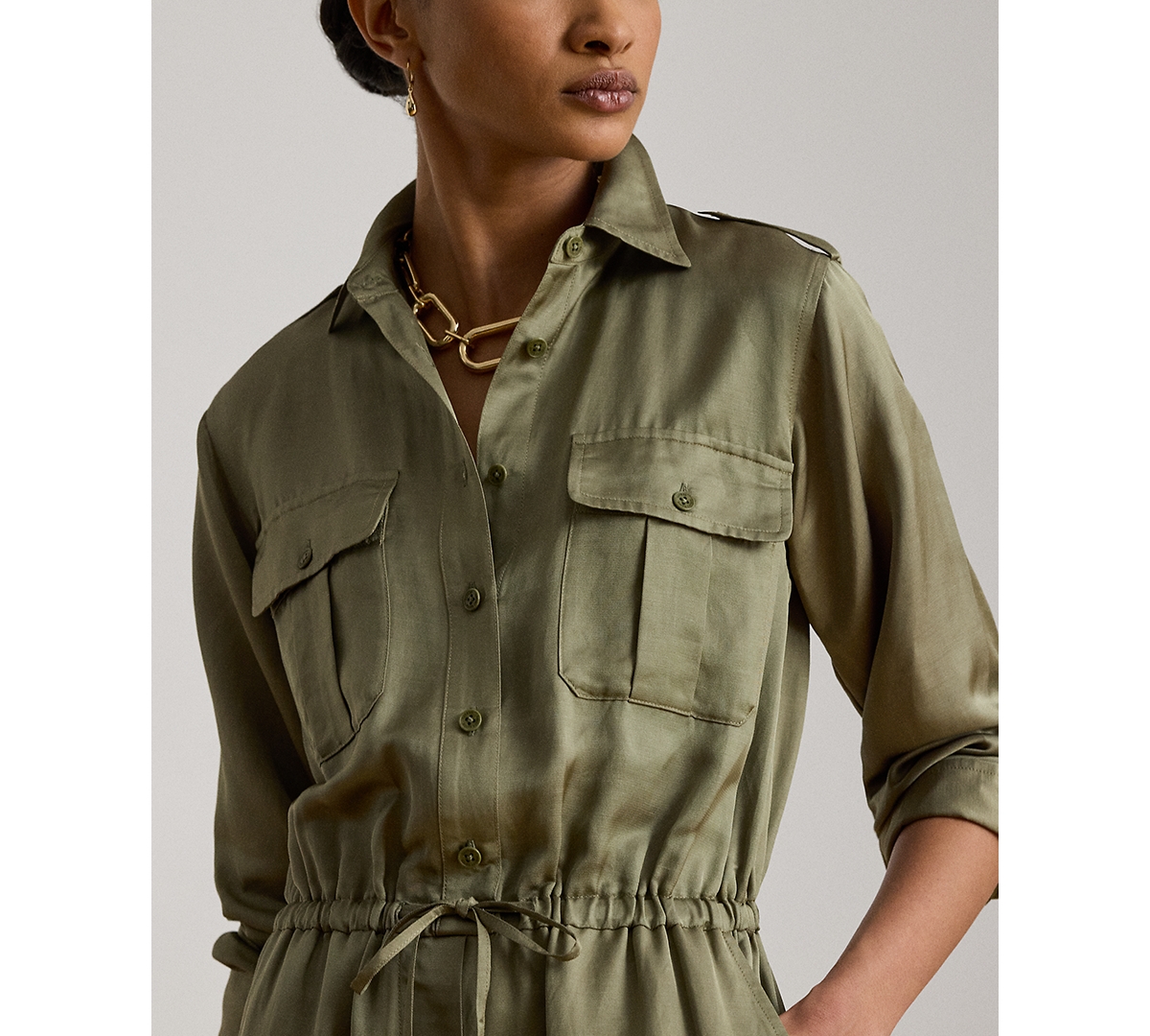 Lauren Ralph Petite Spread Collar Shantung Cargo Jumpsuit