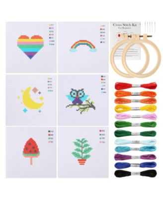 Cross Stitch Beginner Kit Kids 7-13 6 Project Patterns 2 Hoops 12 Skeins Starter Sewing Set Christmas Gift