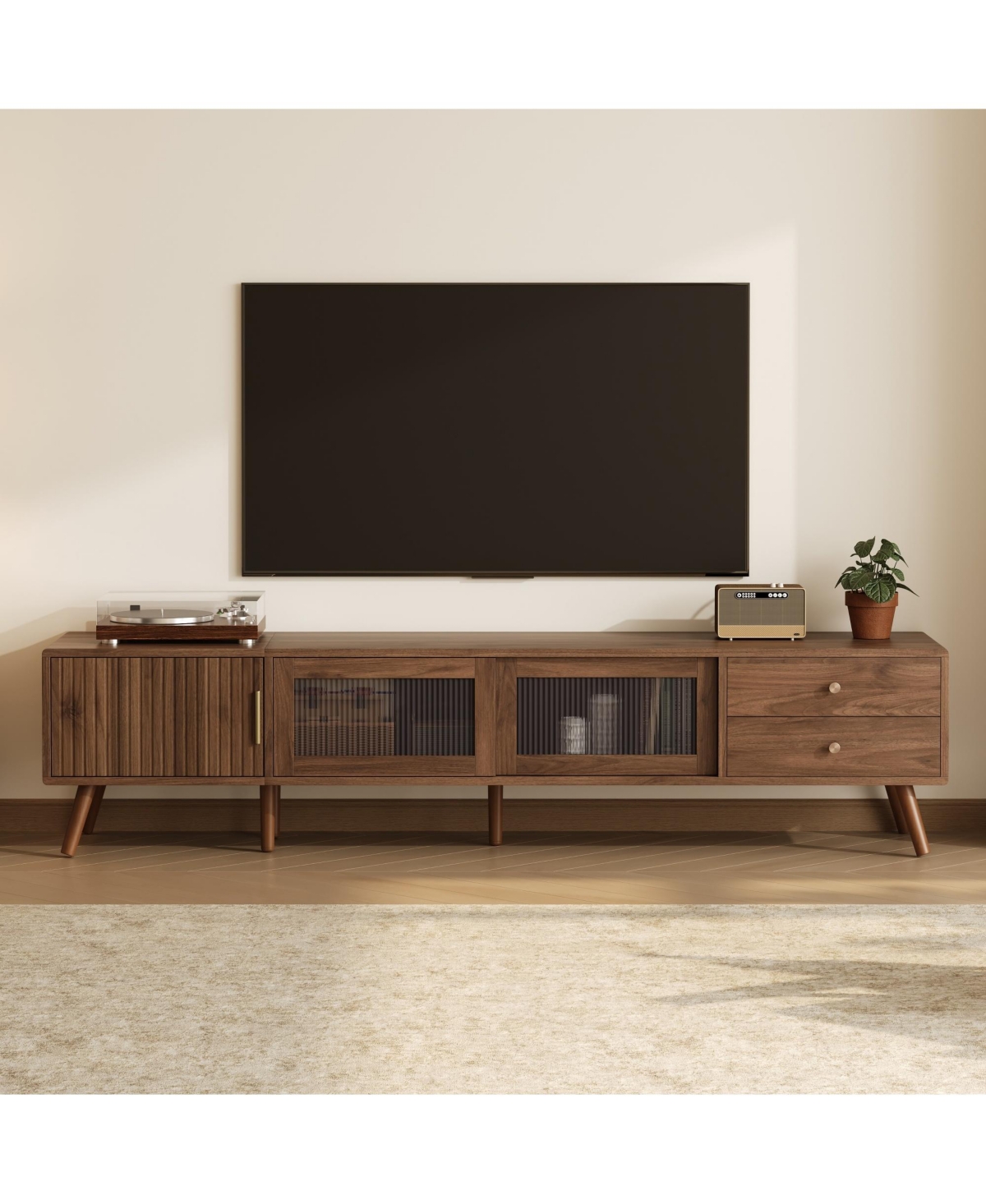 Rainsken Tv Stand , Wood-Grain Entertainment Center with Fluted Cabinet Door, Sliding Glass Doors, and 2 Drawers for Living Room