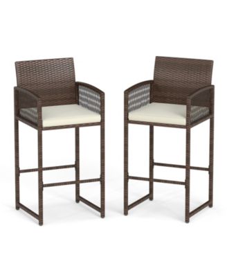 Outdoor PE Wicker Bar Stools Set of 2 with Cushions