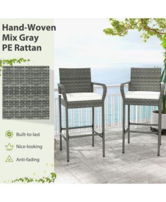 Set of 2 Patio Wicker Bar Stools with Armrests and Cushions
