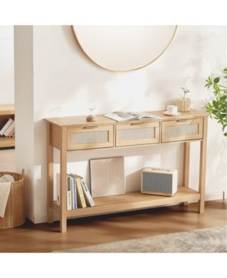 Rattan Console Table, 3 Storage Drawers, for Entryway, Living Room