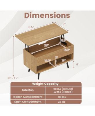 31.5 in Lift Top Coffee Table with Storage and Open Shelves