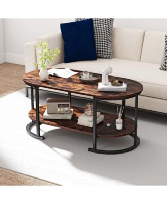Oval Two Tier Coffee Table with Open Storage Shelf