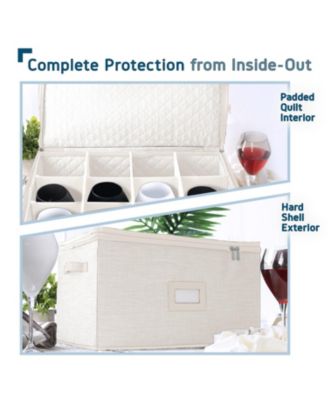 Wine Glass Storage Box with Dividers, Quilted Stackable Stemware Case, Hard Shell China Container for 12 Glasses, Moving & Organization