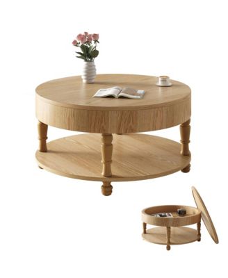 Round Solid Wood Coffee Table, Modern Center Table with Hidden Storage, Two-Tier Design for Living Room, Office
