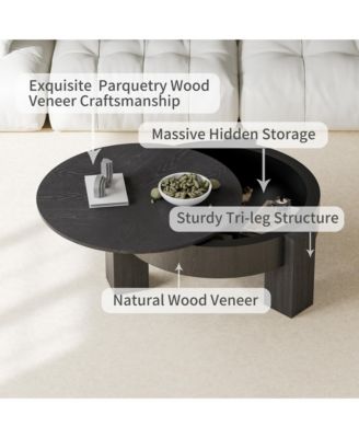31.5'' Round Coffee Table with Hidden Storage - Wood Parquet Veneer Top Table, 3 Block Legs, Center Accent Table for Living Room