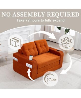 Boneless Convertible Sofa Bed, Soft Corduroy Loveseat with Cup Holders and Pillows, Space Saving Fold Out Floor Couch for Home