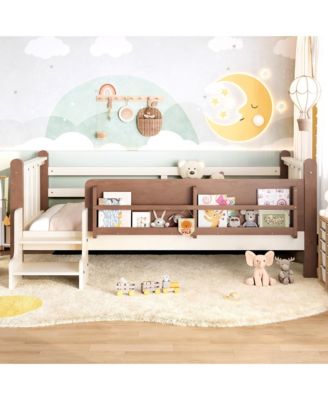 Kids Floor Bed Frame with Storage Bookcases and Stairs, Twin Size Solid Wood Low Profile Bed with Guardrails for Boys Girls