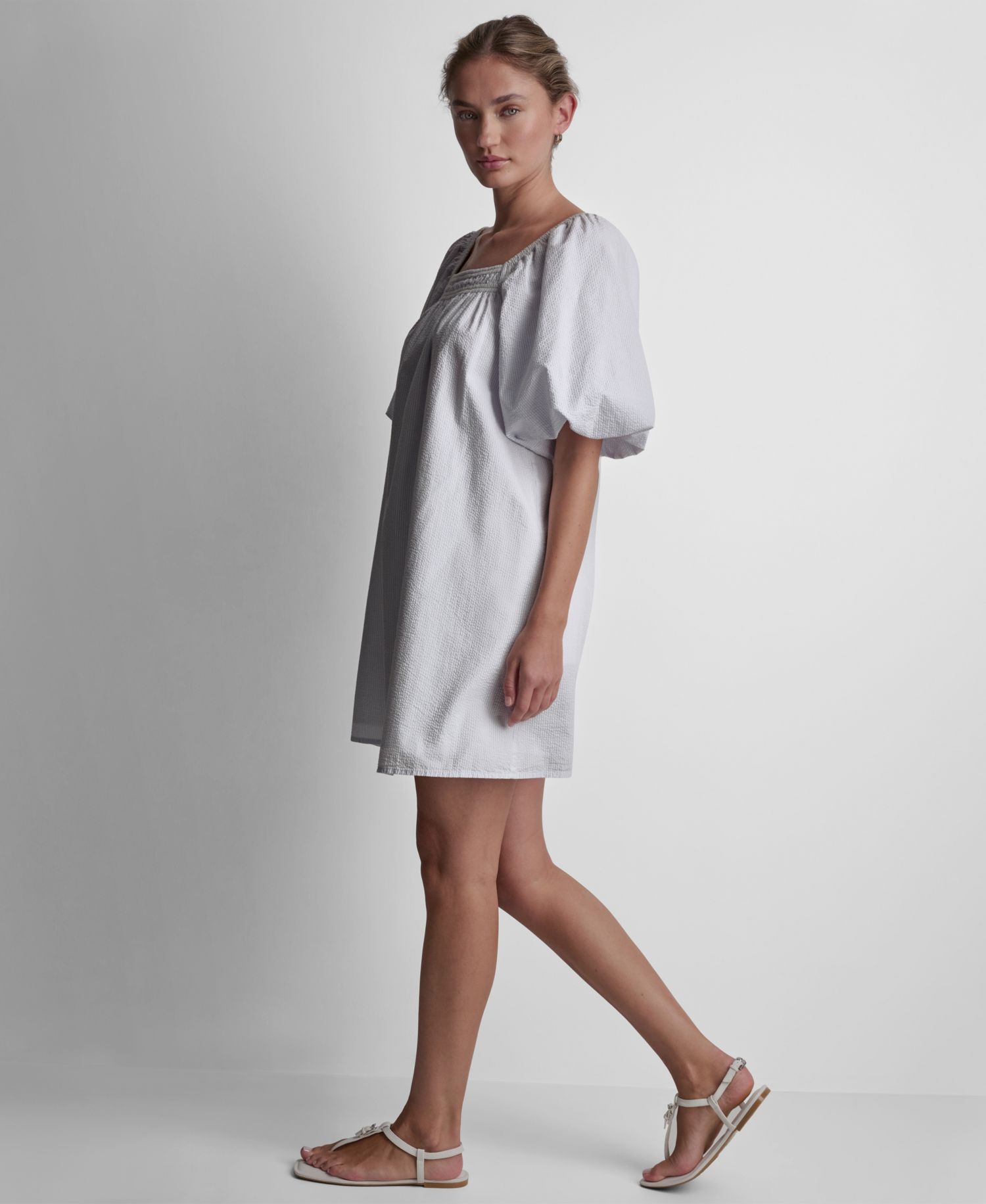 Women's Half Puff-Sleeve Seersucker Mini Dress with Square Neckline