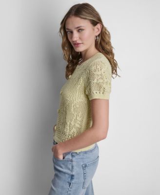 Women's Short Sleeve Crew Neck Floral Pointelle Cardigan