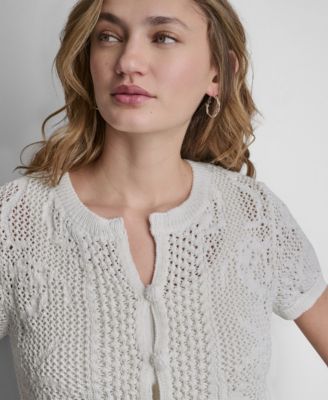 Women's Short Sleeve Crew Neck Floral Pointelle Cardigan