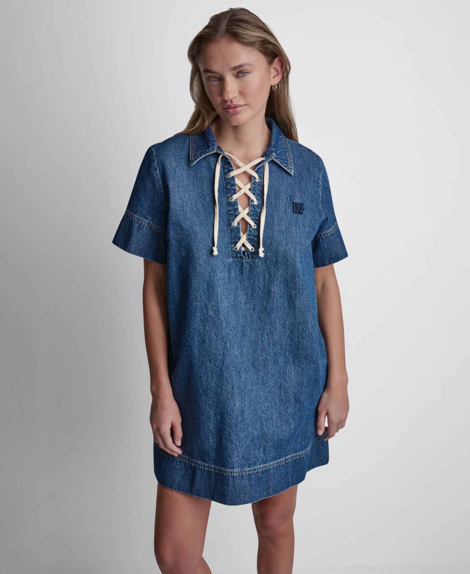 Women's Short-Sleeve Lace Up Shift Dress