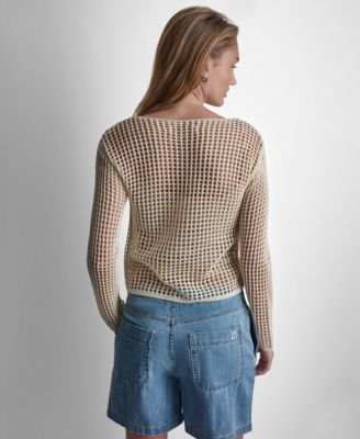 Women's Long-Sleeve Pointelle crochet open-stitch Boat Neck Logo Sweater 