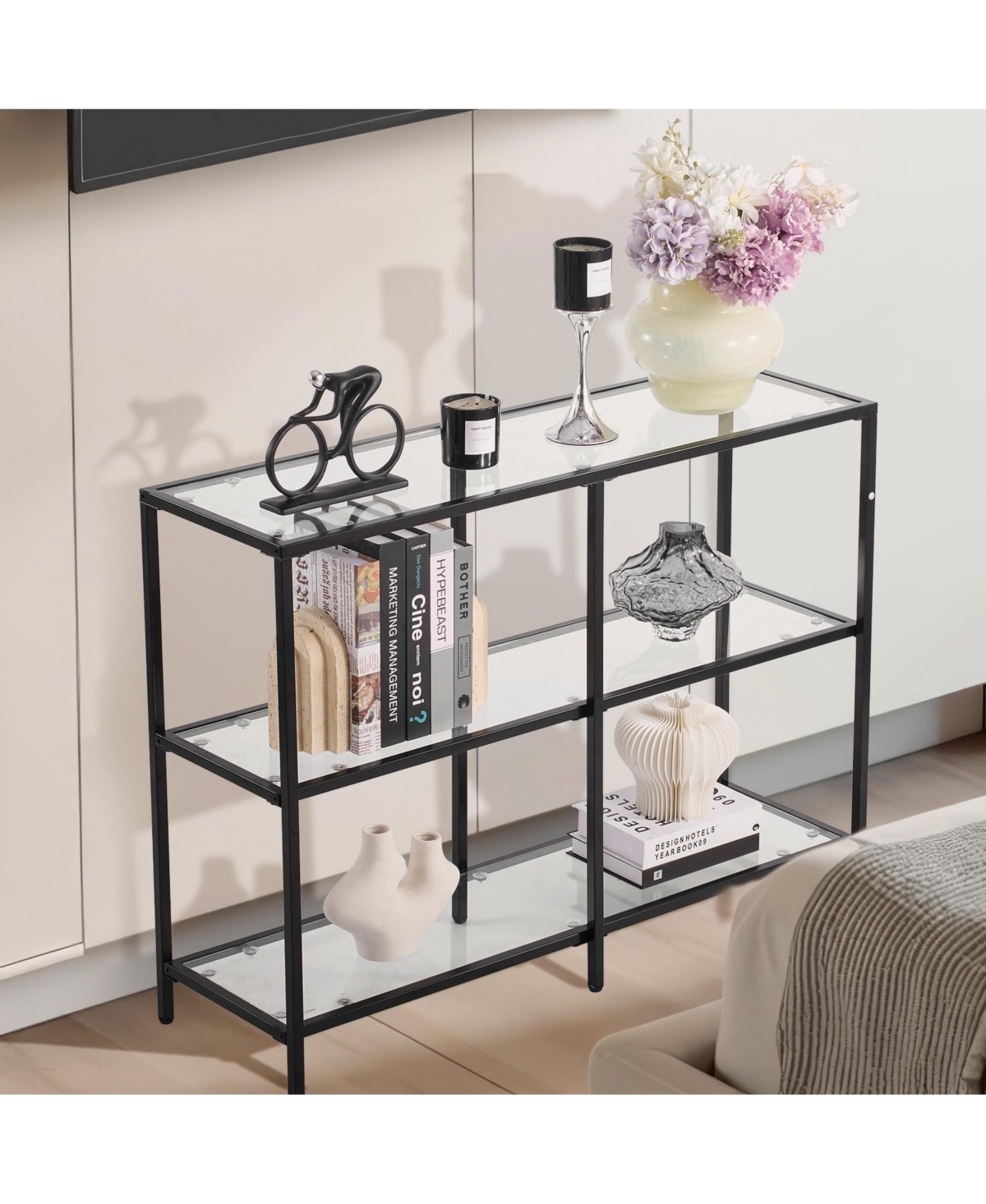 Sugift 3-Tier Glass Console Table, Modern Sofa Side Table with Iron Legs