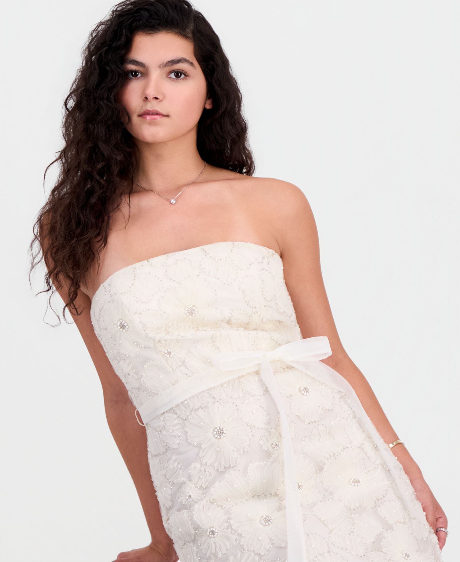 Women's Beaded Floral Strapless Midi Dress