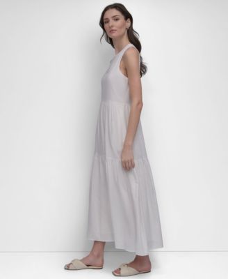 Women's Sleeveless Keyhole Crewneck Tiered Maxi Dress