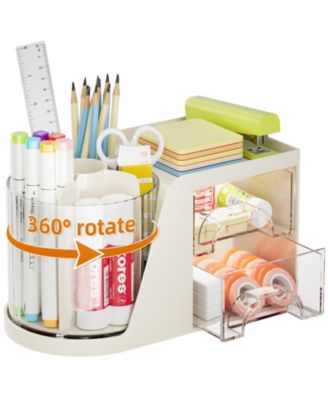 Desk Organizer Rotating Pen Holder 2 Drawer Storage 6 slots