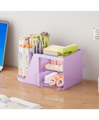 Desk Organizer Rotating Pen Holder 2 Drawer Storage 6 slots