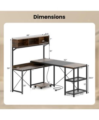 62 Inch Brown L Shaped Desk with Power Outlet and Storage Hutch