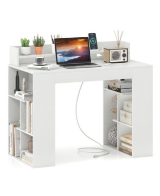 43 Inch White Writing Desk with Built In Power Outlets and 2 Bookcases