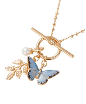 Enamel Blue Butterfly & Leaf Charm Necklace