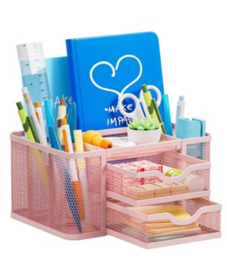 Mesh Desk Organizer Pen Holder 2 Drawer 5 Compartments Office
