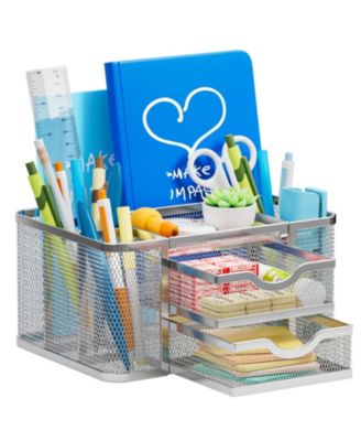 Mesh Desk Organizer Pen Holder 2 Drawer 5 Compartments Office
