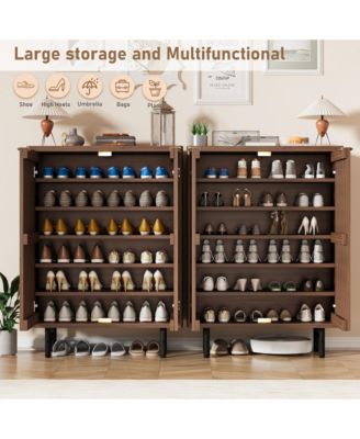 Louvered Shoe Cabinet with Doors, Walnut, 6 Tier Entryway Storage for 24 Pairs