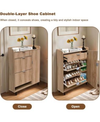 Oak Wavy Shoe Cabinet with 2 Flip Drawers and 2 Small Drawers, Metal Legs, 9.45 in Deep Slim Entryway Storage Organizer