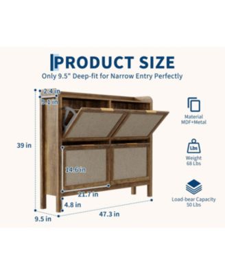 Rattan Shoe Cabinet with 4 Flip Drawers, 47 Wide Slim Entryway Storage, 9.45 Depth