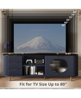 69" Curved Media Console for TVs Up to 80", Modern Entertainment Center with Wavy Acrylic Doors and Spacious Storage for Living Room
