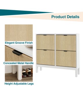 Fluted Shoe Cabinet with 4 Flip Drawers, White and Oak, Slim Entryway Storage with Metal Legs