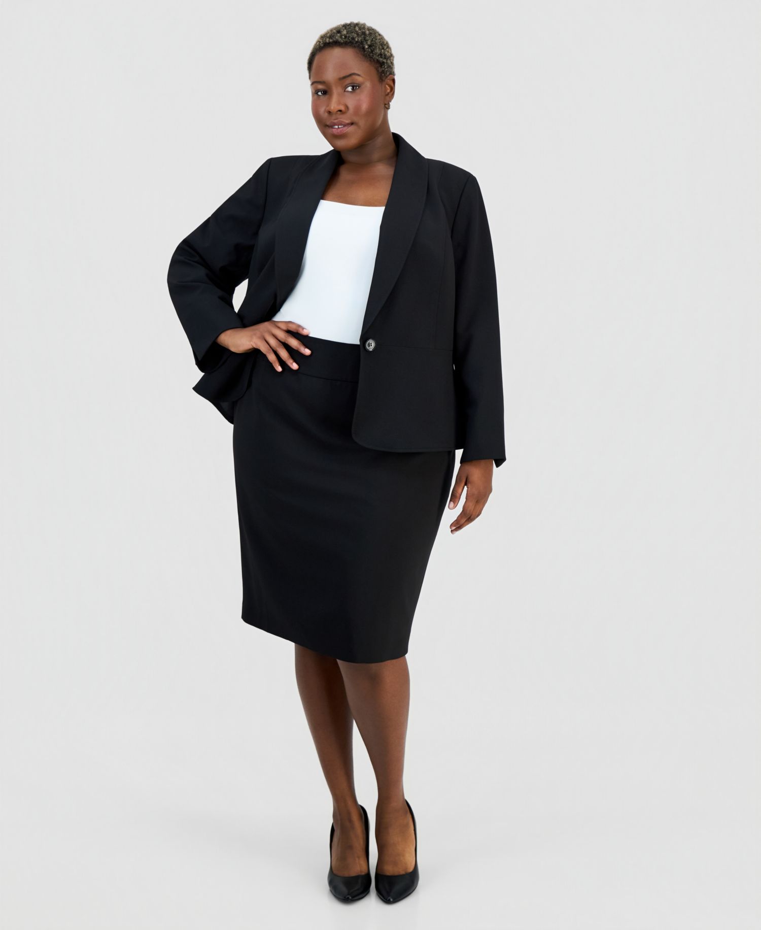 Plus Size Shawl-Collar One-Button Jacket & Yoked Slim Skirt Suit