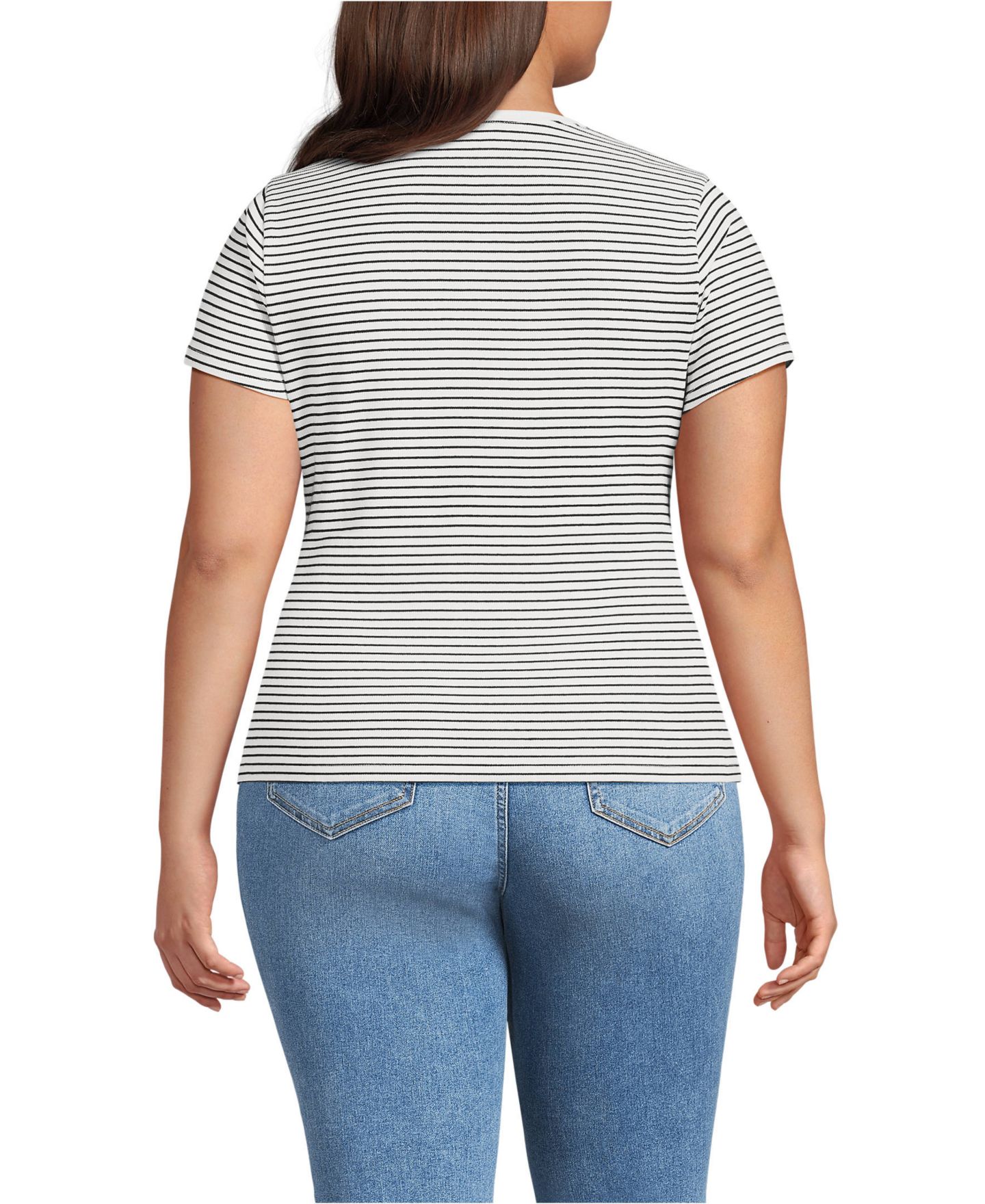 Женская футболка Lands' End Plus Size Short Sleeve Crew Neck Micro Rib Mini, цвет: Слоновая кость / Чёрный полосатый — фото 12