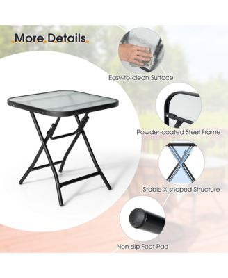 18'' Foldable Patio Side Table Square Coffee Bistro Table w/ Tempered Glass Table Top