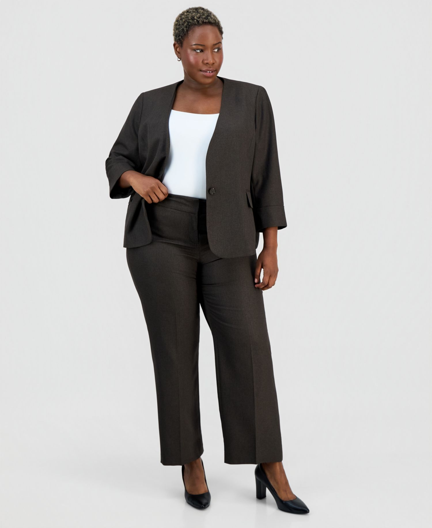 Plus Size Collarless One-Button Jacket & Fly-Front Wide-Leg Pants Suit
