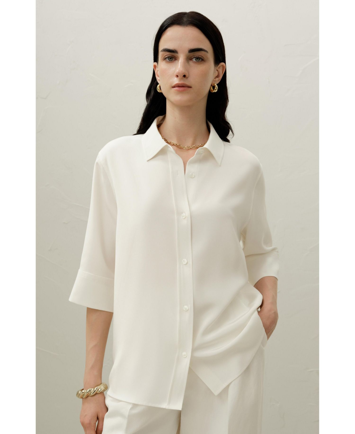 Women's Heavy Silk Crepe Relaxed Half-Sleeve Shirt