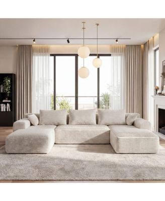 3-Piece U-Shaped Sectional Sofa Set With Pillows, Corduroy Convertible Couch