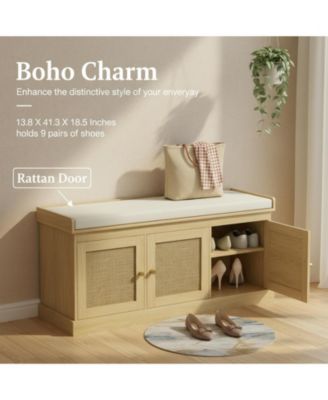 Shoe Bench Woven Rattan Doors Storage Cushion Adjustable Shelves 9 Pairs Boho Style Entryway Bedroom Living Room