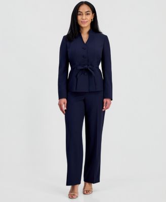 Women's Four-Button Belted Jacket & Fly-Front Wide-Leg Pants Suit