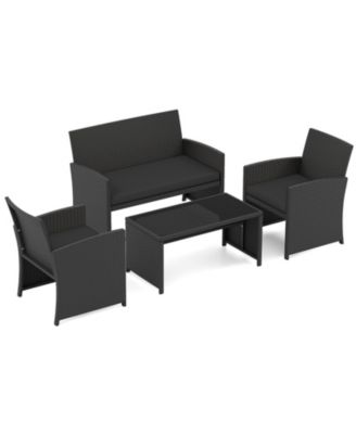 4-Piece Patio Rattan Furniture Set with Removable Cushions and Glass Table