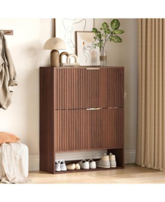 Fluted Shoe Cabinet with 2 Flip Drawers, Open Bottom Shelf and Side Hooks for Entryway Storage