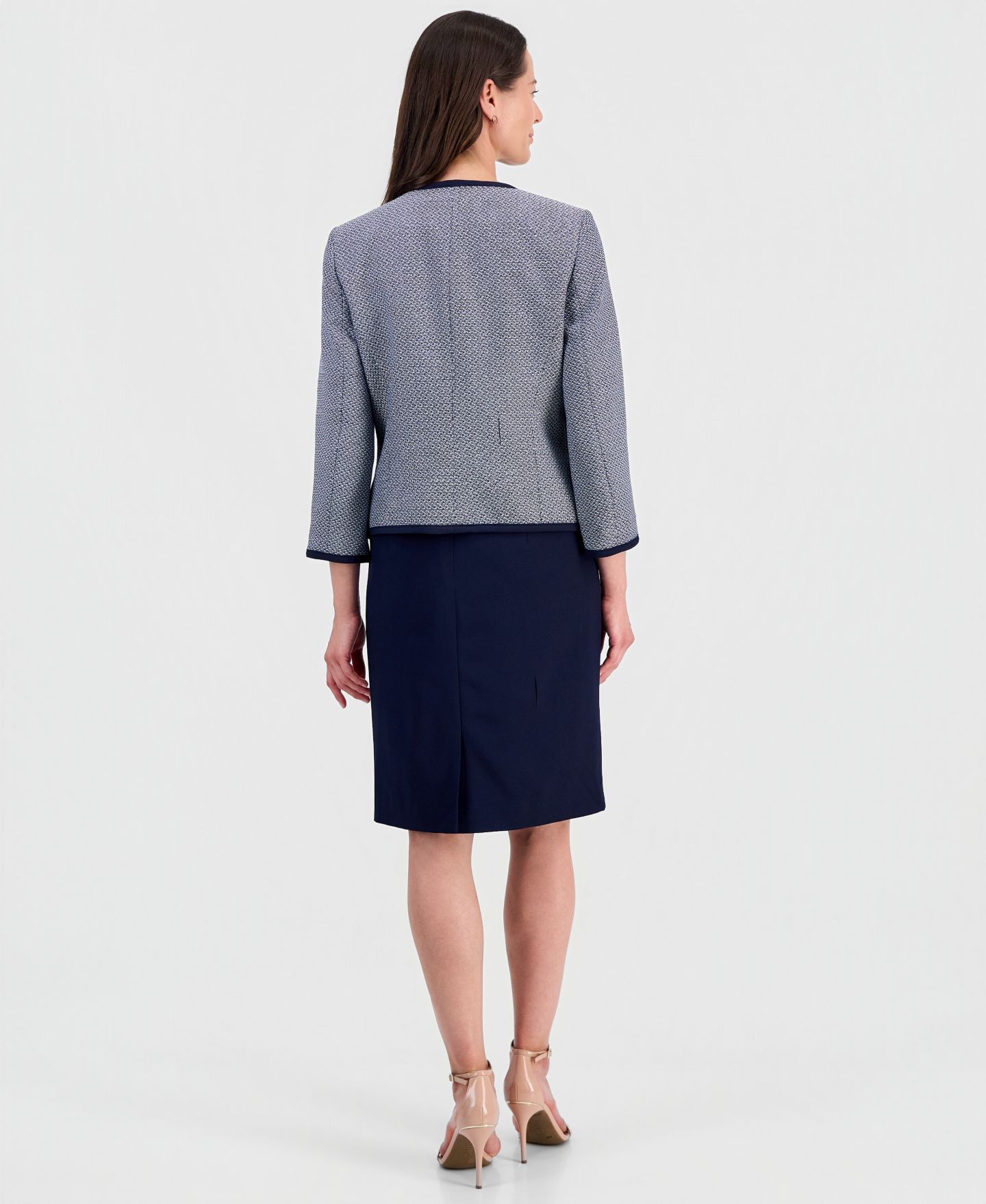 Женские платья Le Suit Zipper-Pocket Open Cardigan & Empire-Seamed Dress Suit, цвет: Midnightnvy/Natwhite — фото 5