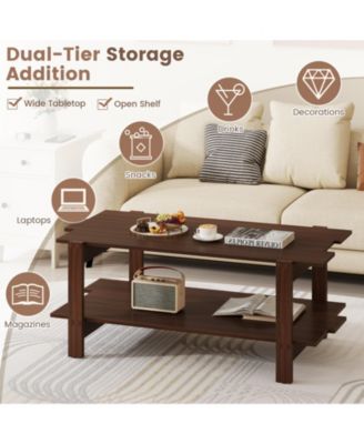 2 Tier Wood Coffee Table Slatted Design Storage Shelf