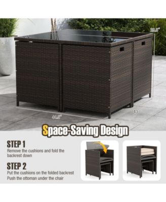 Set Of 9 Patio Dining Set with Tempered Glass Table and Ottoman Removable Cushions