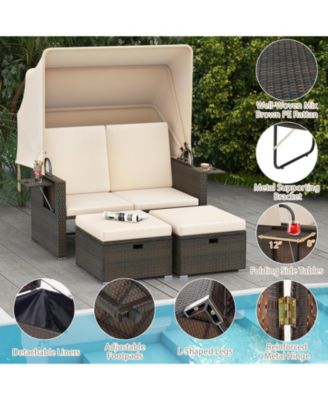 Outdoor Patio Rattan Daybed with Retractable Canopy and Backrests