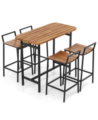 5-Piece Acacia Wood Bar Table Set with Metal Frame Footrest and Bar Height Chairs