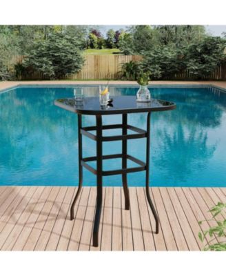 Patio Bar Height Table, Metal Frame Patio Bar Table Tempered Glass, Height High Top Outdoor Table for Backyard, Poolside and Garden